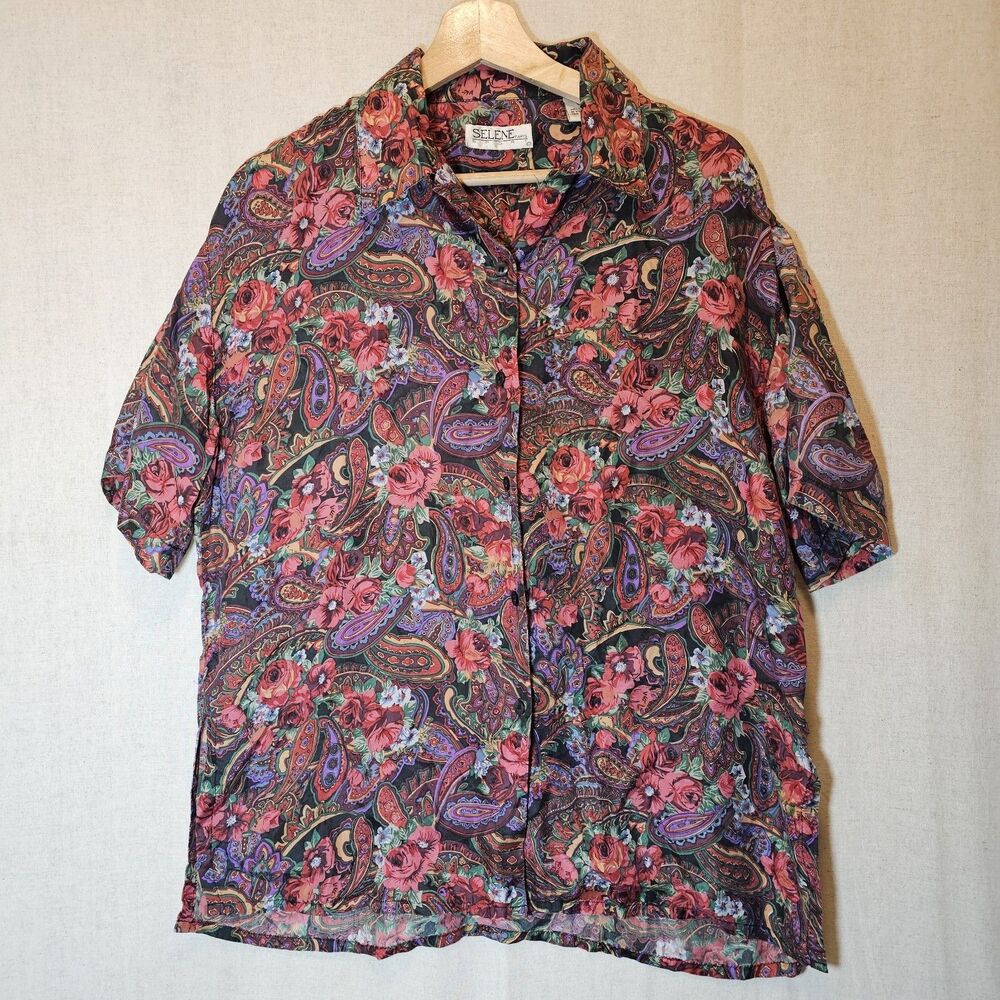 Vintage Selene Sport Paris Women's Blouse Paisley Floral Short Sleeve Jewel S